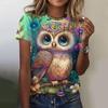 Summer Round Neck 3D Print Owl Pattern Top Fashionable Casual Short Sleeved Women's T-shirts