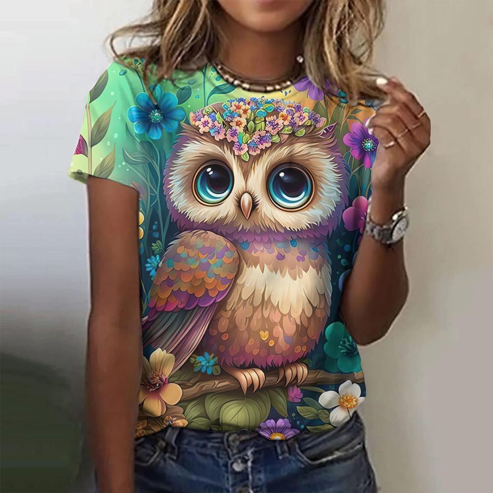 Summer Round Neck 3D Print Owl Pattern Top Fashionable Casual Short Sleeved Women's T-shirts