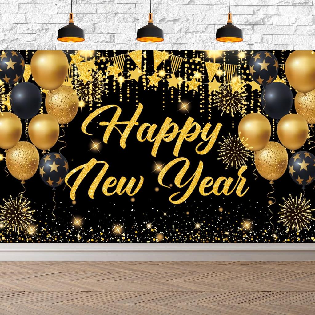 Large New Years Eve Banner, Black Gold Happy New Year 2026 Banner Backdrop, NYE Birthday Party Decorations Photo Background for Friend, Family,
