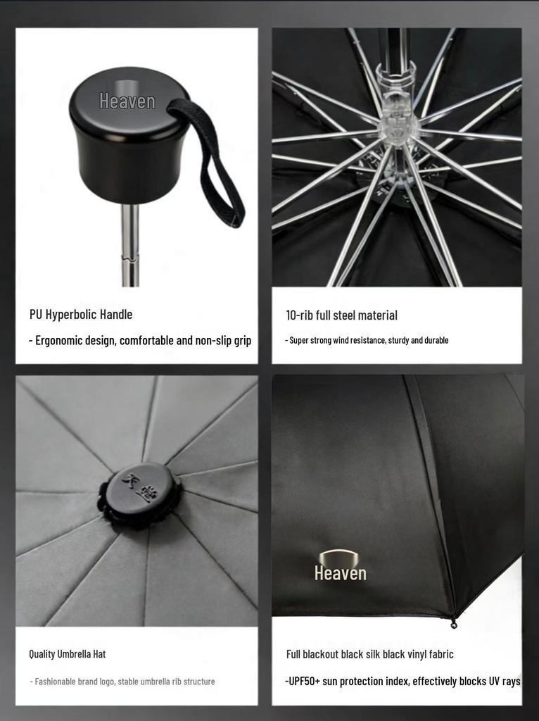 Tiian 33724E Three-Fold Sun & Rain Umbrella: Upgraded Black Sunshade with UV Protection for Business & Personal Use