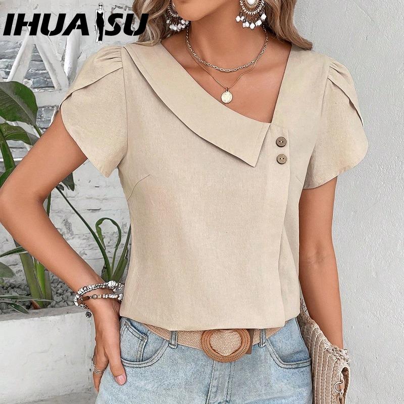 IHUASU Women's Fashion Casual Solid Color Print Short Sleeve V Neck Blouses & Shirts