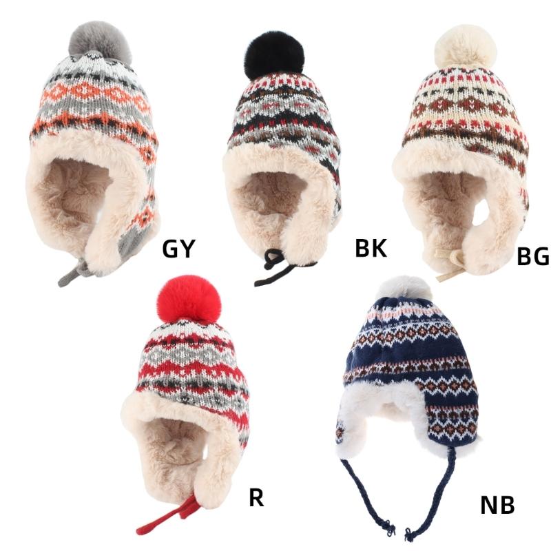 Warm Knitted Hat  for Women Winter Hat Ear Protection Beanies Caps Thick Crochet Hat Lovely Pom Knit Hat