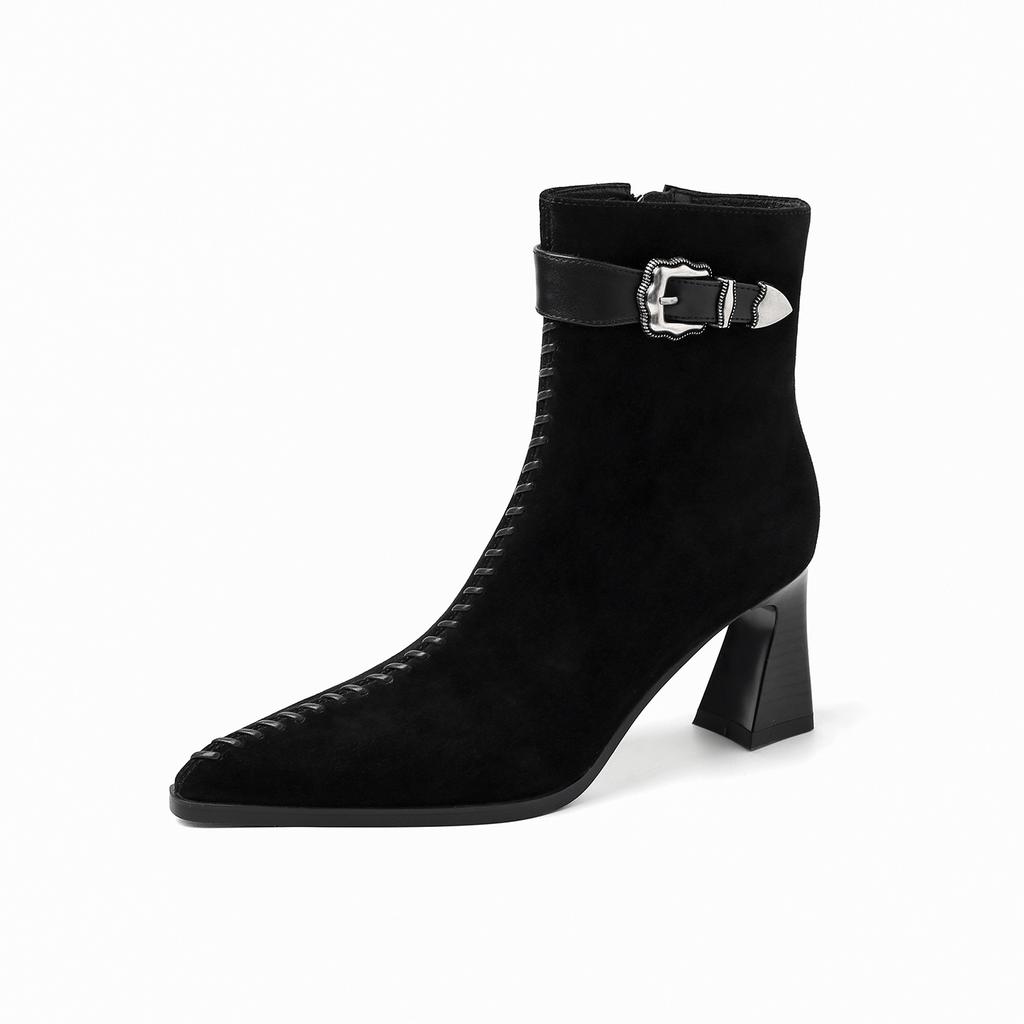 7CM brown fashion versatile temperament short boots 2025 autumn and winter new pointed thick heel side zipper fashion boots women's boots