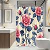 1 Elegant Rose Pattern Shower Curtain With Pink Flowers And Blue Leaves On Cream Background - Polyester Fabric - For Bathroom