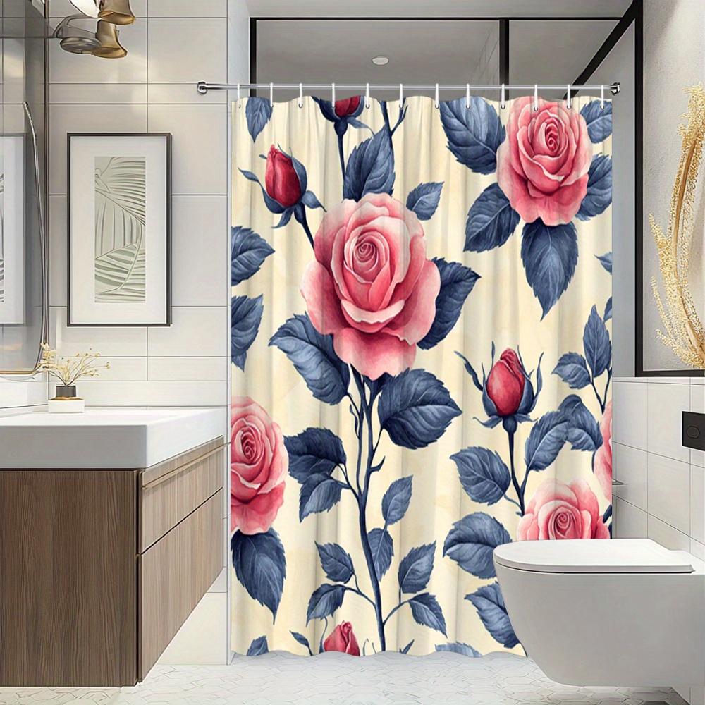 1 Elegant Rose Pattern Shower Curtain With Pink Flowers And Blue Leaves On Cream Background - Polyester Fabric - For Bathroom