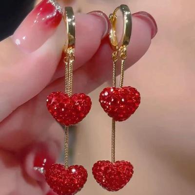 Luxe Volledige Strass Hart Franje Oorbellen voor Vrouwen Zoet Schattig Rood Bal Kwast Lange Oorbellen Meisjes Dagelijks Feest Sieraden Cadeau