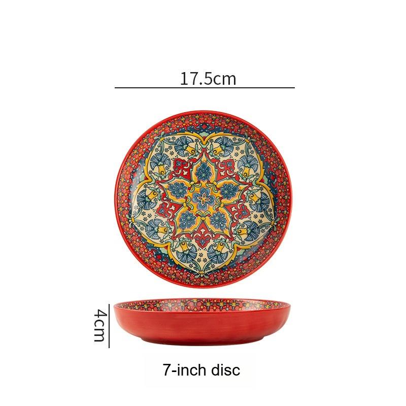 

BEPAN 1pc Bohemian Style Ceramic Plate with High Aesthetic Value Home Creative 7-inch Fruit Plate Steak Plate Round Tableware 7 inches