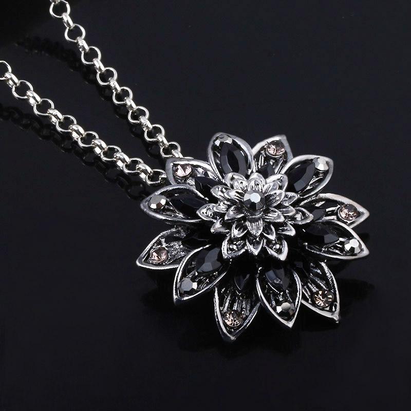 Michel Jone Zirkon Schwarze Dahlie Halsketten Vintage Blume Kristall Kupferlegierung Anhänger Halskette mit Perlen Schmuck Für Frauen Geschenk