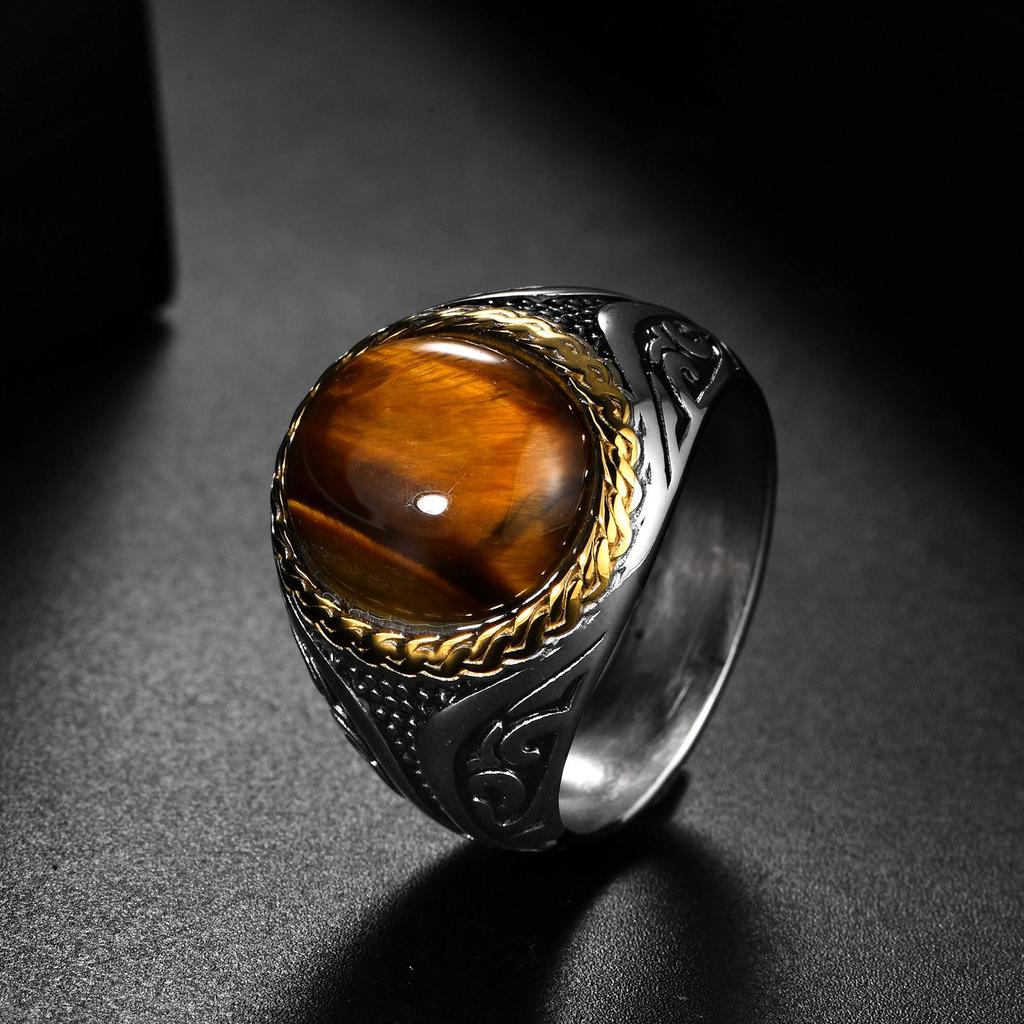 New High-end Personalized Striped Gemstone-set Stainless Steel Ring for Men