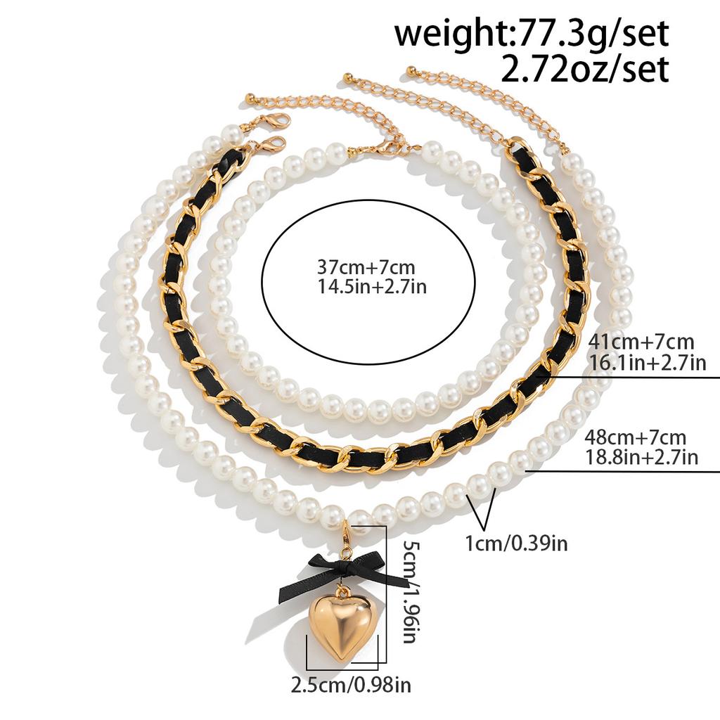 3pcs/set Fashion Jewelry Multilayer Imitation Pearl Beaded Necklace Punk Big Love Heart Pendant Chain Grunge Necklace Set