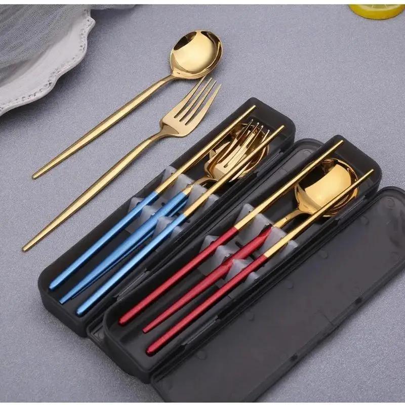 New Spoon Fork Chopsticks Set Storage Box Tableware Coffee Snack Fruit Dessert Portable Spoon Fork Chopstick Set Stainless Steel