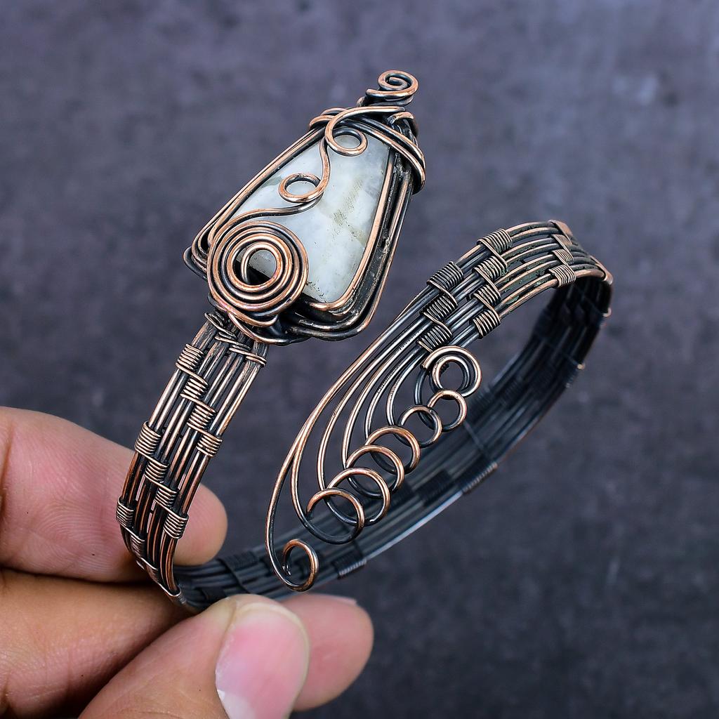 Moonstone Gemstone Handmade Copper Wire Wrap Cuff Bangle Adjustable ET-4973