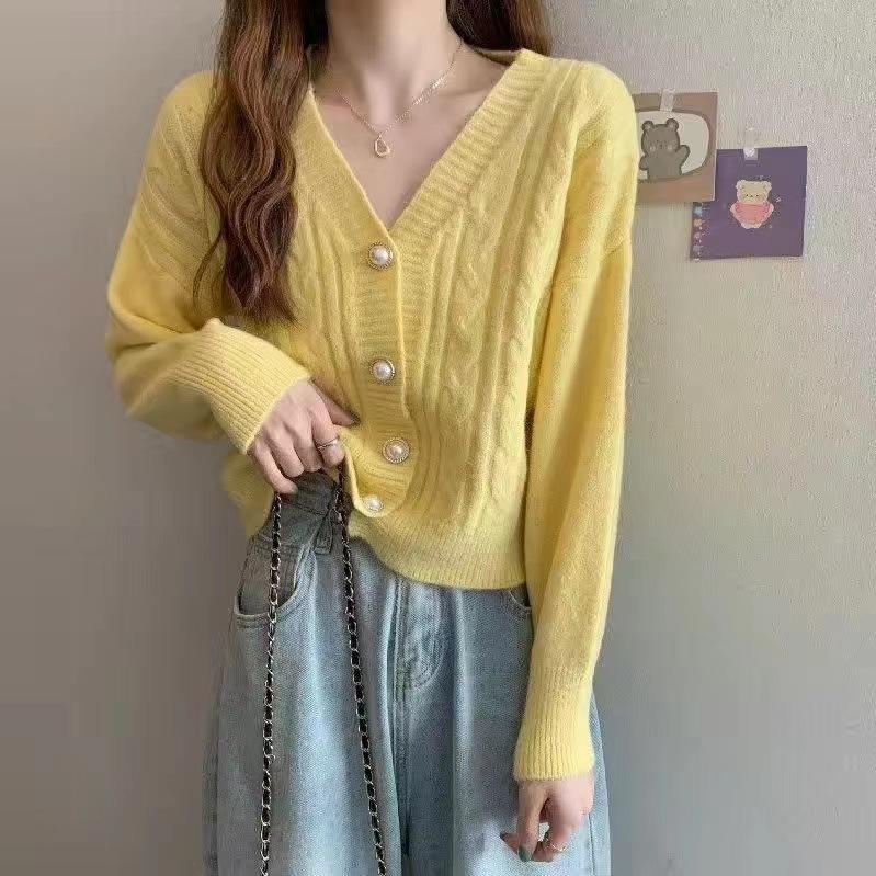 Damen Kurzer Strickcardigan V-Ausschnitt Pullover Damenmantel Frühling und Herbst Einfarbiger Pullover