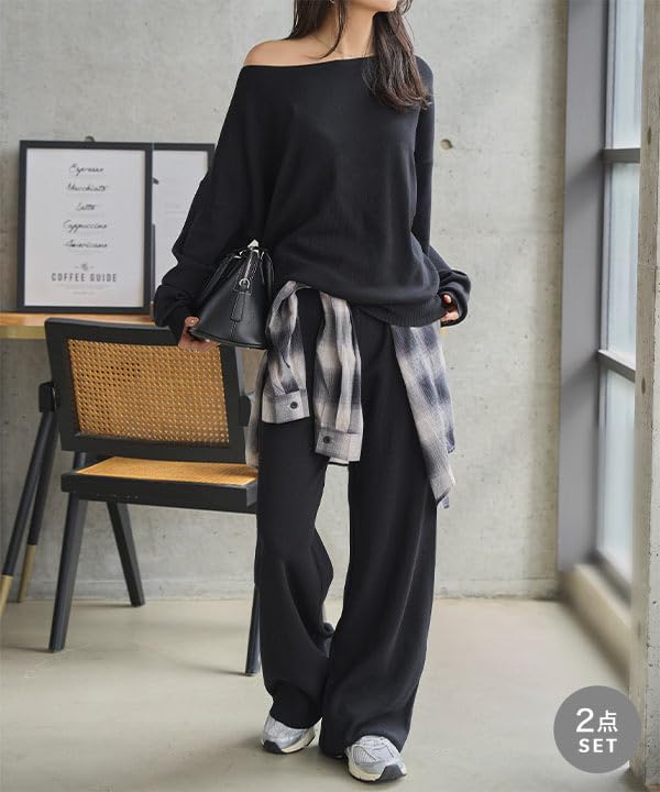 Kobe Lettuce Knit and Wear Size Greige Women's Off-the-Shoulder Set, Wide-Leg Pants, Sweater, Autumn/Winter, 2-Piece Set, Casual, Comfortable,