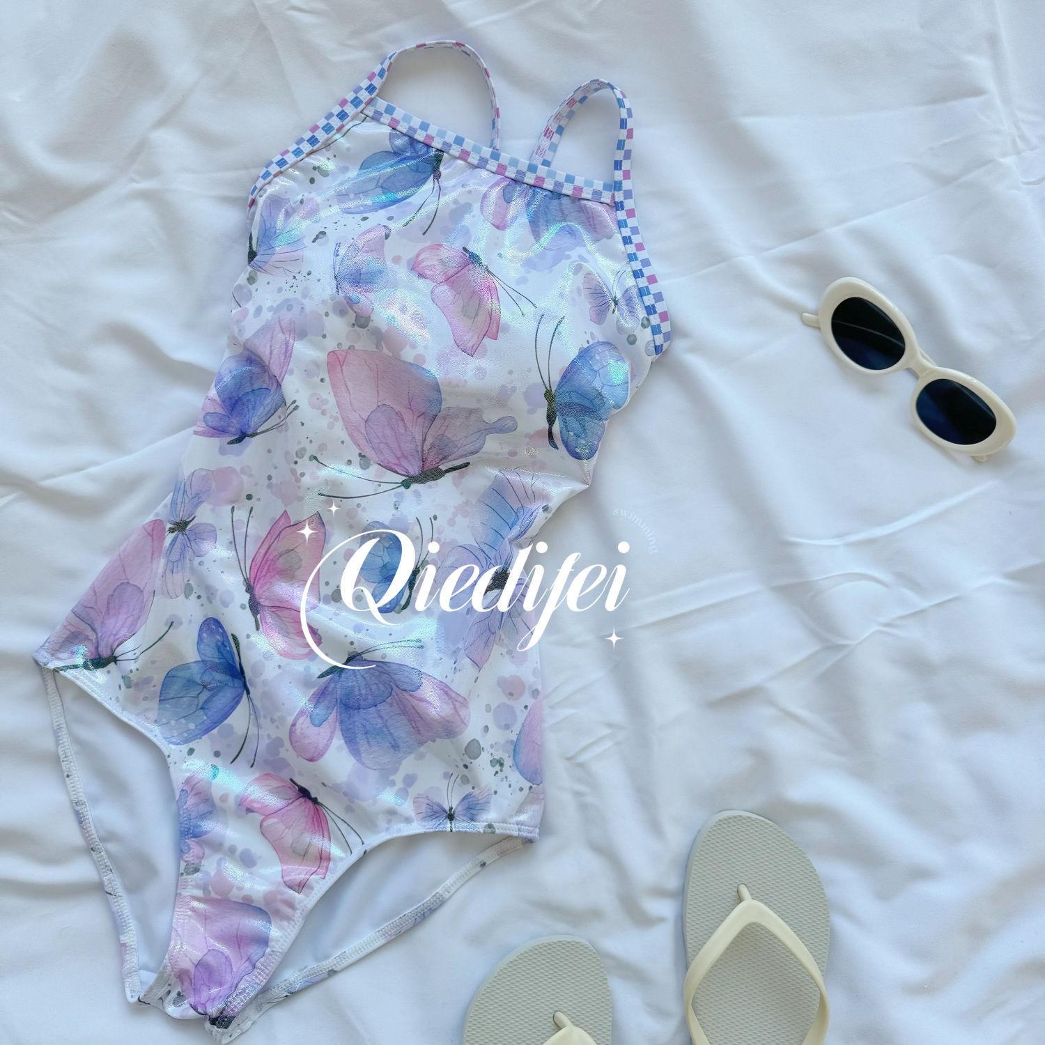 Purple Butterfly | Low Split | Double Lined | Chest Padded Swimsuit One-piece Racing Slim Skinny Hot Spring Swimsuit M
