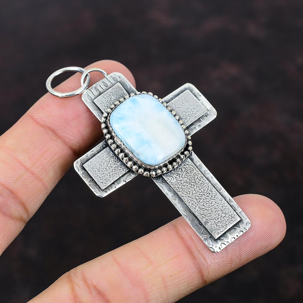 Larimar Gemstone Pendant Cross Pendant 925 Sterling Silver Pendant Handmade Pendant Natural Larimar Jewelry Birthstone Pendant Gift For Him
