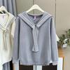 Plus Size Women Ribbon Sailor Collar Long Sleeve Knit Sweater
