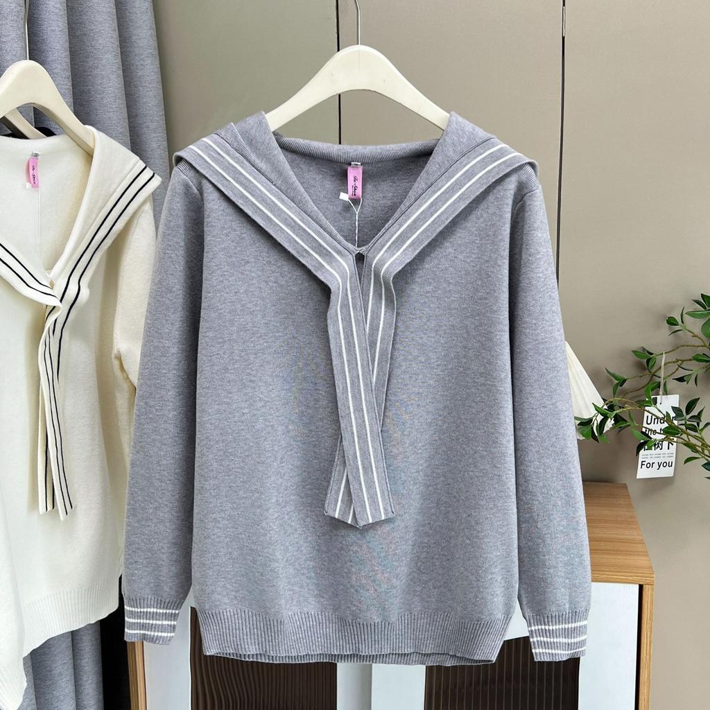 Plus Size Women Ribbon Sailor Collar Long Sleeve Knit Sweater