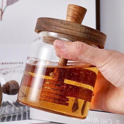 Glass Honey Jar 400ml Transparent Sealed Tank with Wooden Lid Dip Sticks Airtight Canister Syrup Dispenser for Home Kitchen Bar