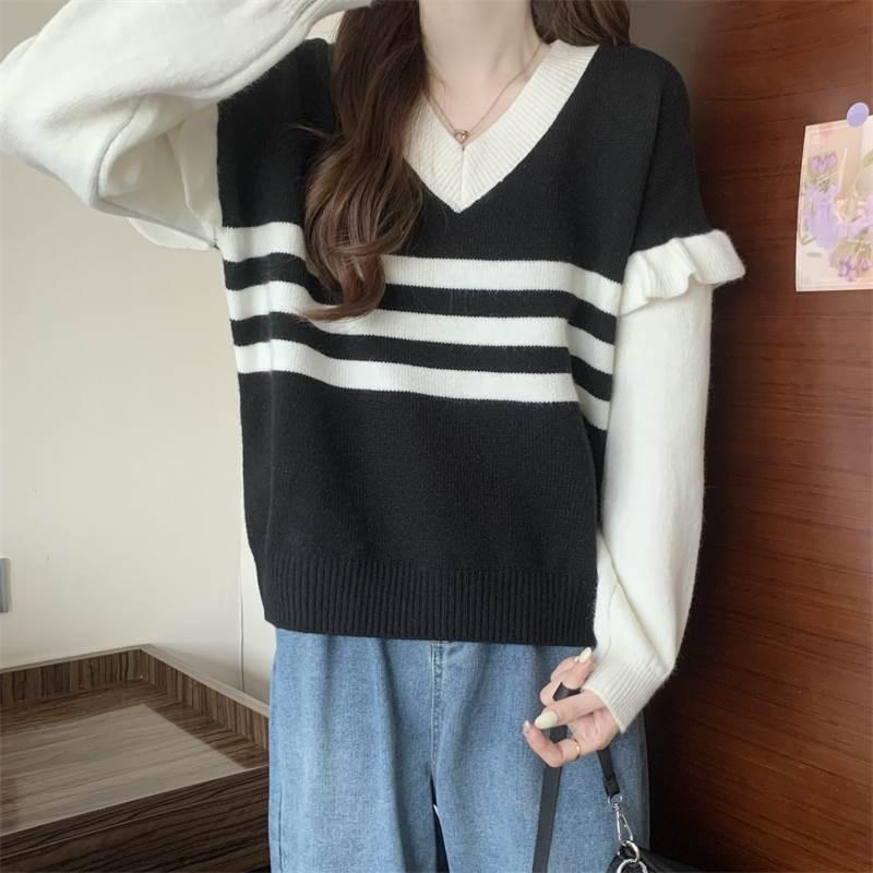 

Женский ретро-полосатый вязаный свитер с V-образным вырезом: Контрастный цвет, свободный крой, длинные рукава, осенне-зимний дизайн. One Size чёрный