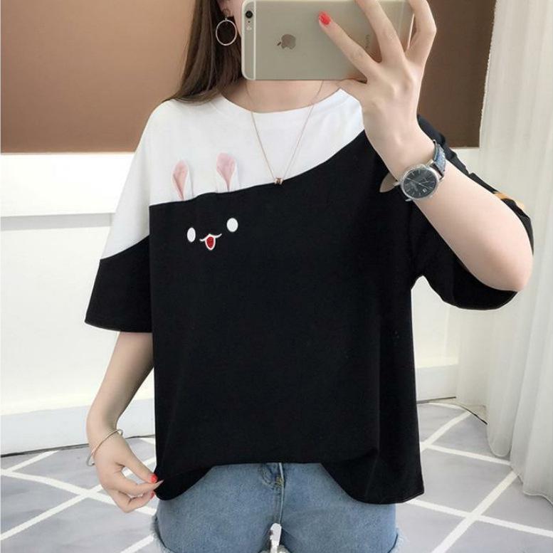 2026 Summer Korean Style Embroidered Rabbit Color Block T-shirt - Women's Loose Fit Short Sleeve Top