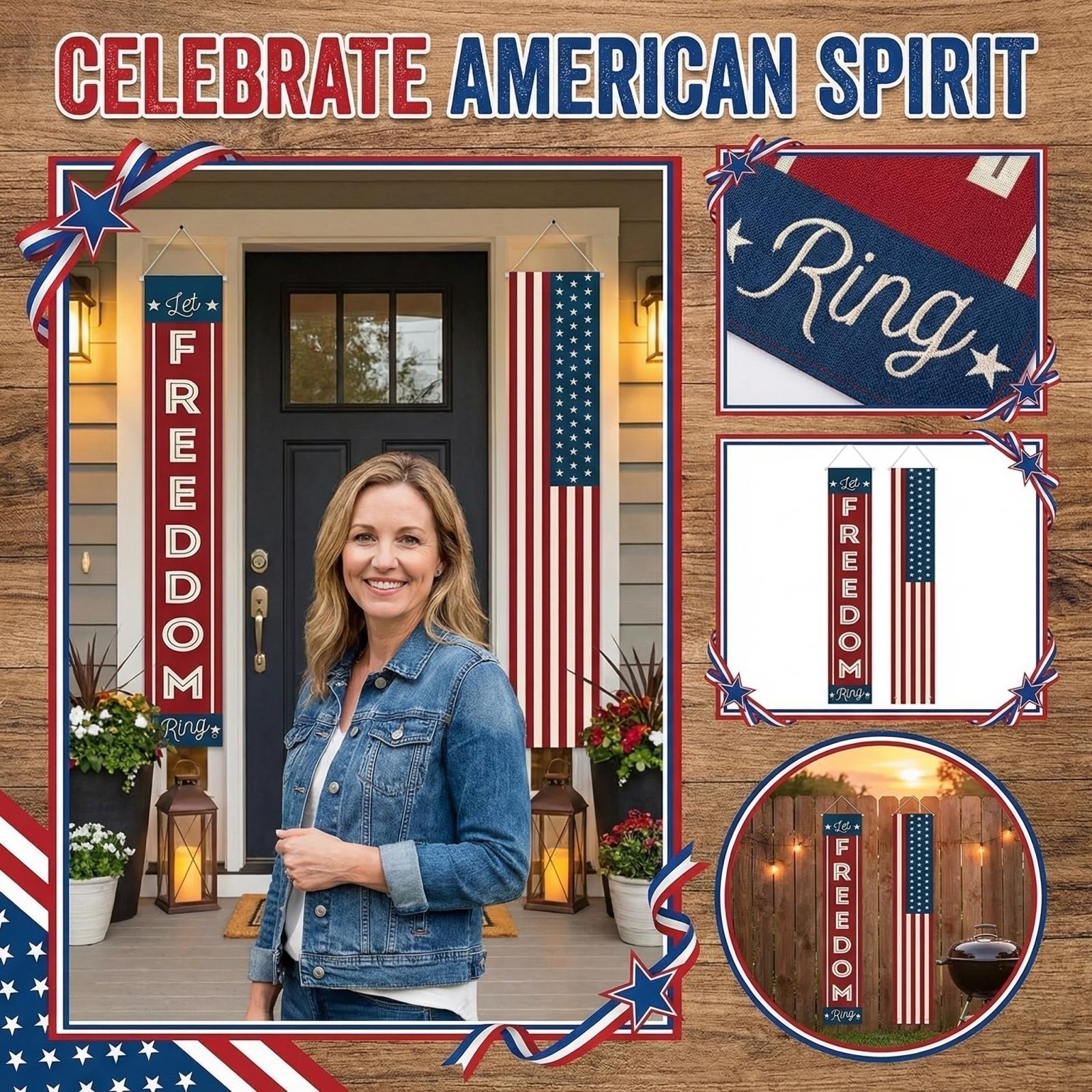 

Patriotic Vertical Porch Banner Set with Freedom Lettering and Stars Stripes Design for Outdoor Home Decor Display One Size красный