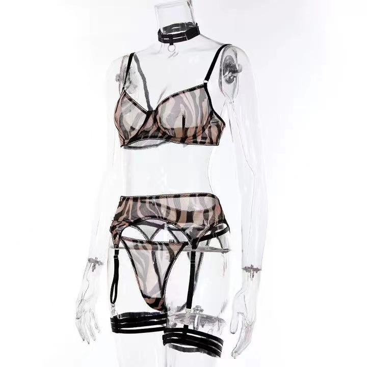 Zebra Pattern Mesh Lingerie - Sexy Three-Piece Set Available Now