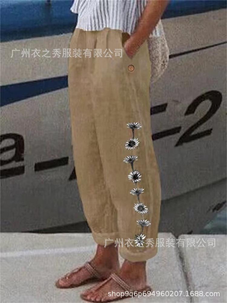 

Retro cotton and linen printed large version high waist casual trousers 5XL коричневий