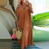 Summer Women Loose Short Sleeve Swing Dress Solid Color Large Size V Neck Fashion Long
