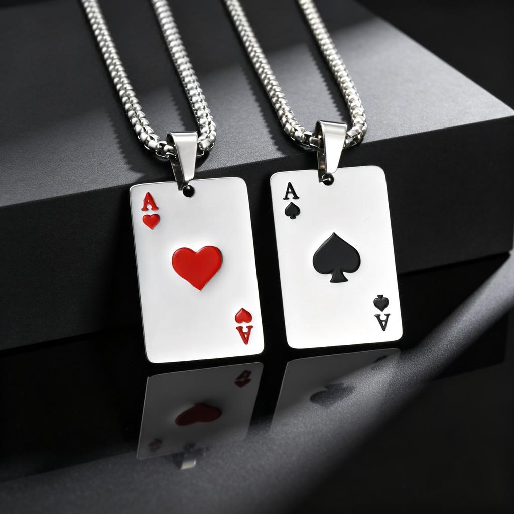 Collier pendentif carte à jouer As de Pique Hip Hop pour Homme Acier Inoxydable As de Cœur Collier Cartes à Jouer Bijoux Cadeaux