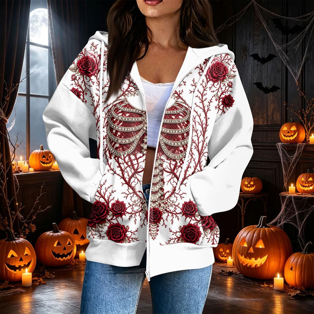 Damen lässiges Kapuzen-Sweatshirt mit Reißverschluss und Langarm mit Halloween-Print