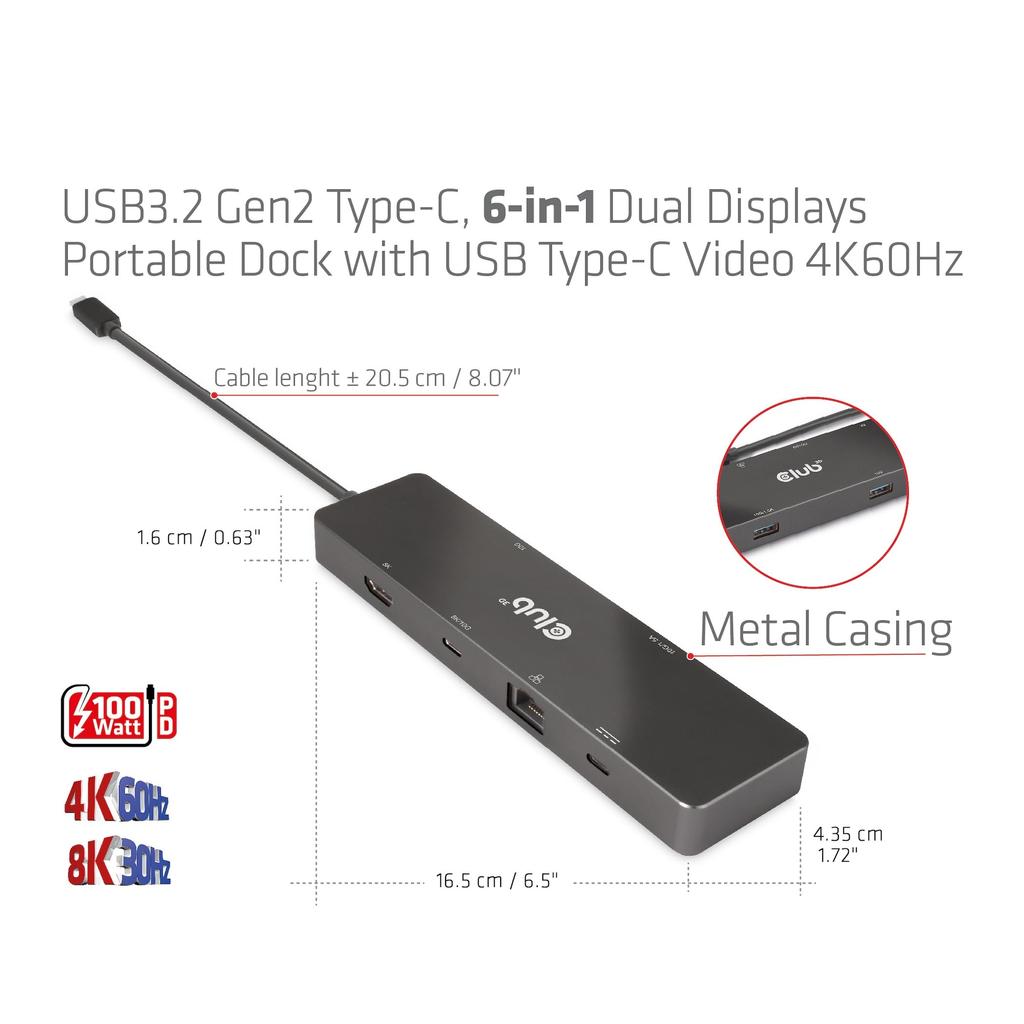 Club 3D USB Gen2 Type C Hub with C Dual 8K30Hz 4K120Hz 2x USB USB C and USB C 100W 6-in-1 HDMI/USB Display, (DSC) / (DSC), A, RJ45, 10Gbps, PD3.0