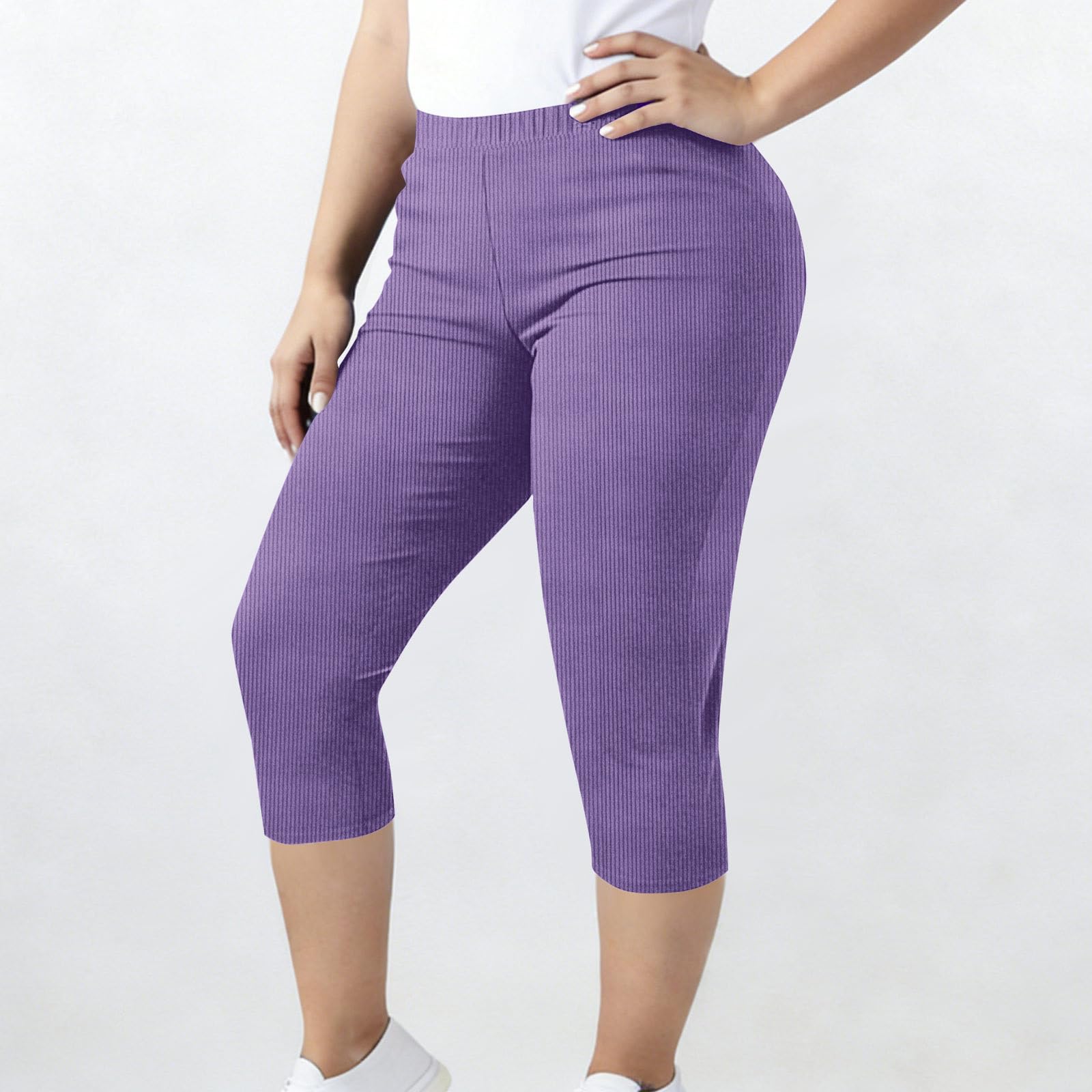 

Women’s Plus Size High Waist Ribbed Knit Capris Stretchy Cropped Pants Comfortable Pull On Design XL фіолетовий