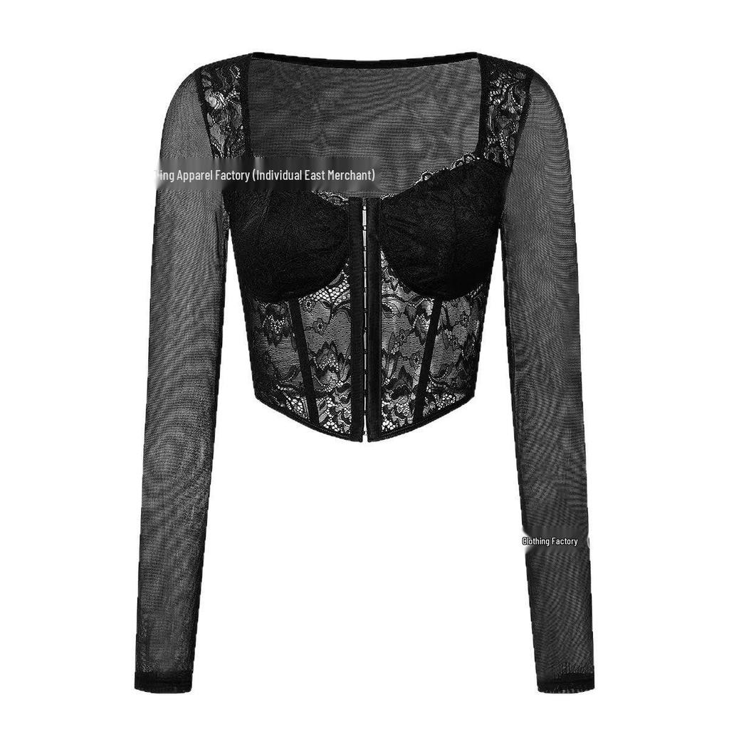 European & American Sexy Lace See-through Mesh Corset Top