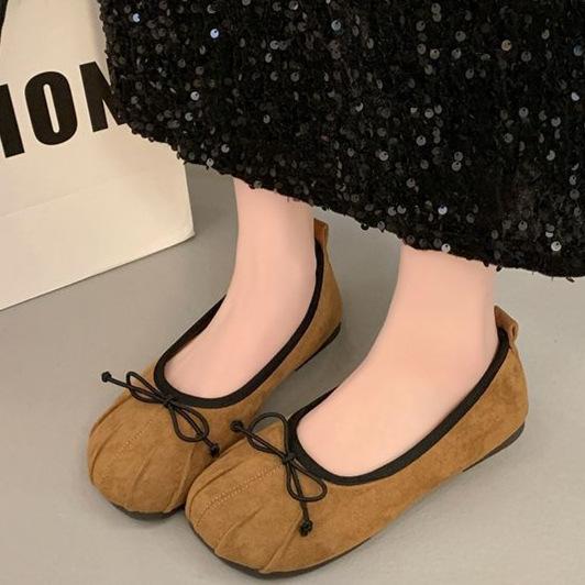 French retro suede light mouth single shoes women's 2025 early spring new shoes flat bow ladyshoes Doudou shoes