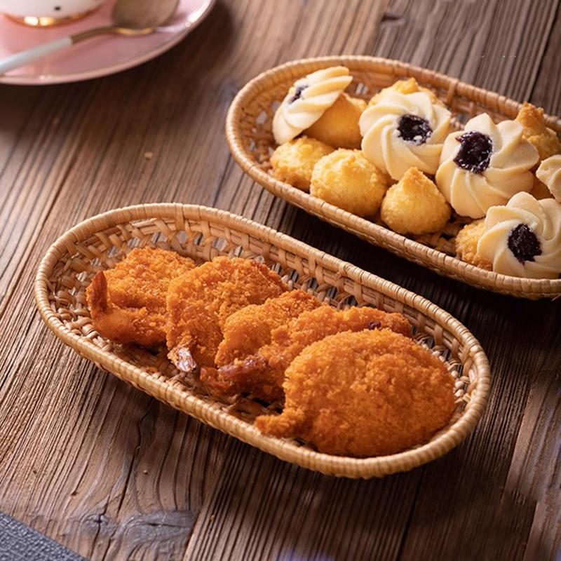Handgeflochtener Ovaler Aufbewahrungskorb aus Rattan, Organizer-Tablett für Küchenzubehör, Picknick-Lebensmittel, Obst, Snacks, Brot, Besteckkorb