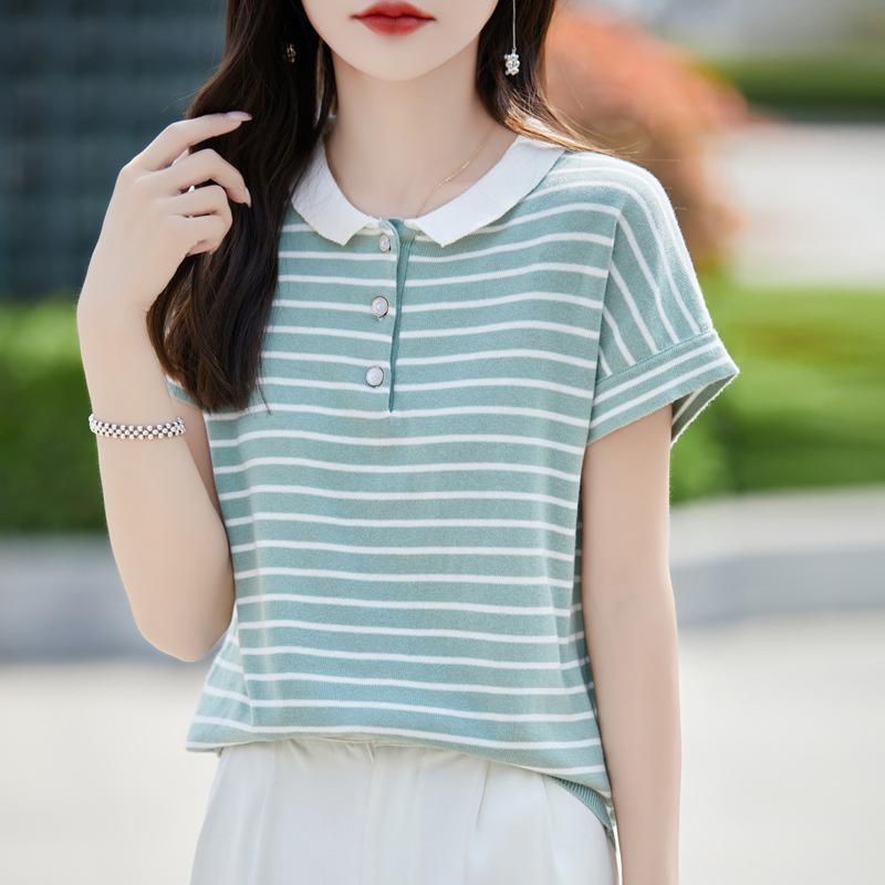New Summer French Striped Cotton Knitted Short-sleeved T-shirt for Women Loose Niche Design POLO Small Lapel Top