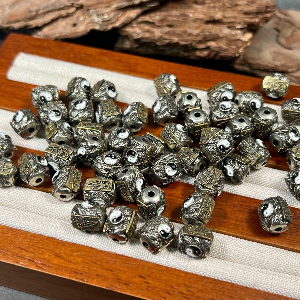 Pure Copper Tai Chi Carved Barrel Beads for DIY Tibetan-Style Bracelets/Decorations