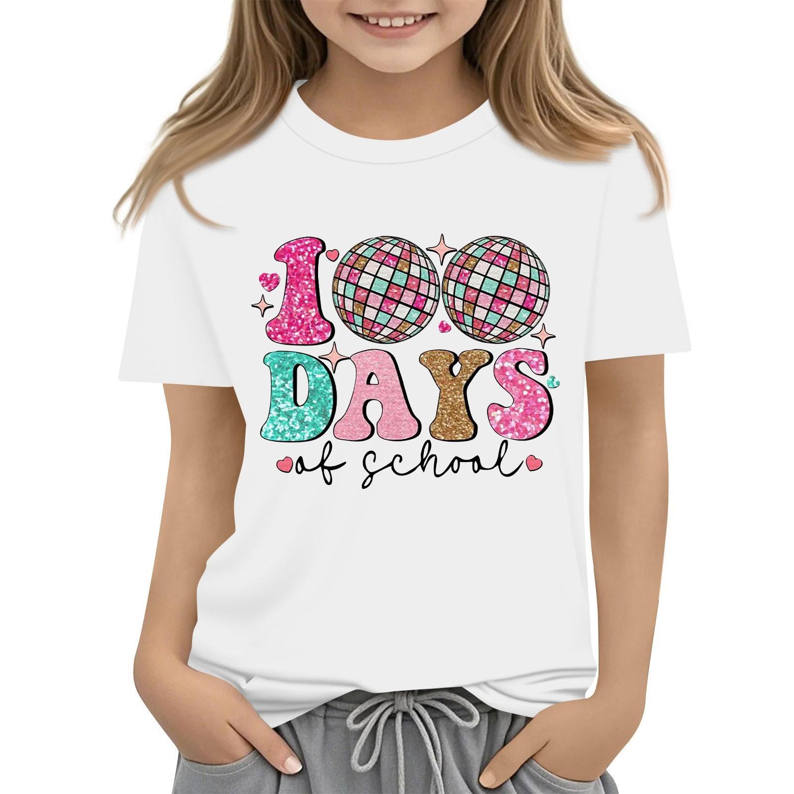 

С 100-м Днем Школы Футболки с коротким рукавом для девочек и мальчиков Детские топы Футболки с круглым вырезом 160 белый