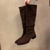 Fashion Autumn Winter Pleated Woman Knee-High Boots Fashion Pointed Toe Long Booties Street Style Square Heels Shoes