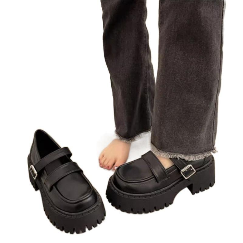 Plateauschuhe aus Leder im britischen Stil für Damen, schwarz, dicker Absatz, High Heels, Jane, Einzelschuhe, Halbschuhe