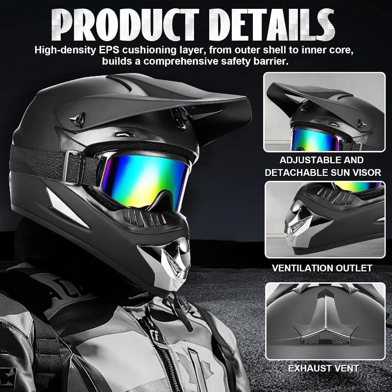 Full Face Dirt Bike Helmet  ,Adult ATV Helmet Kit with Goggles, Gloves & Mask, Adjustable Visor, Quick Release