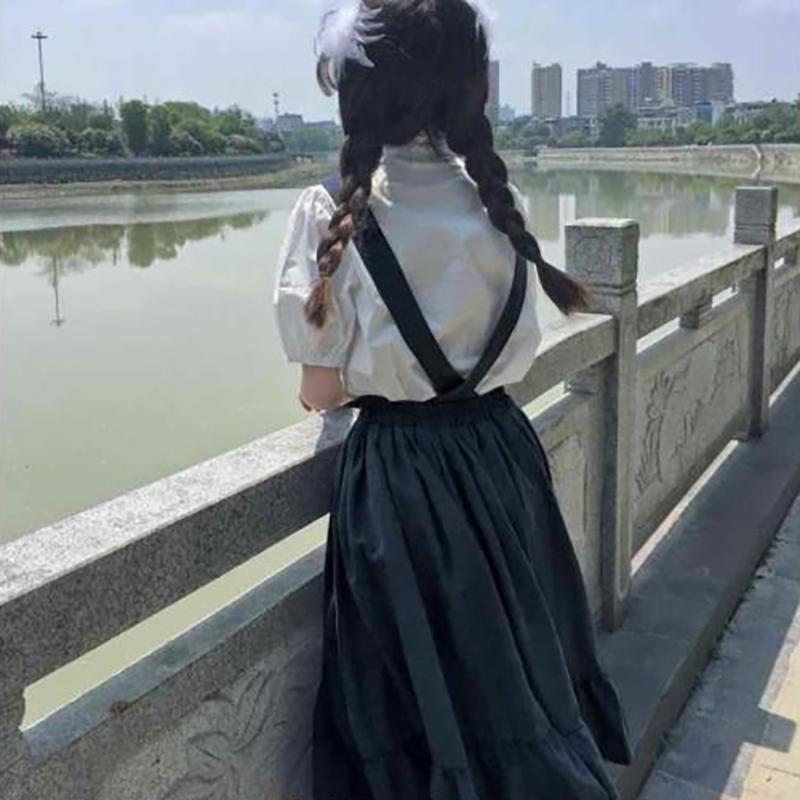 WTEMPO Girl's Sweet Preppy Style Strap Long Skirts Ruffles Loose Cute Student Casual Skirts Female Suspender Skirts