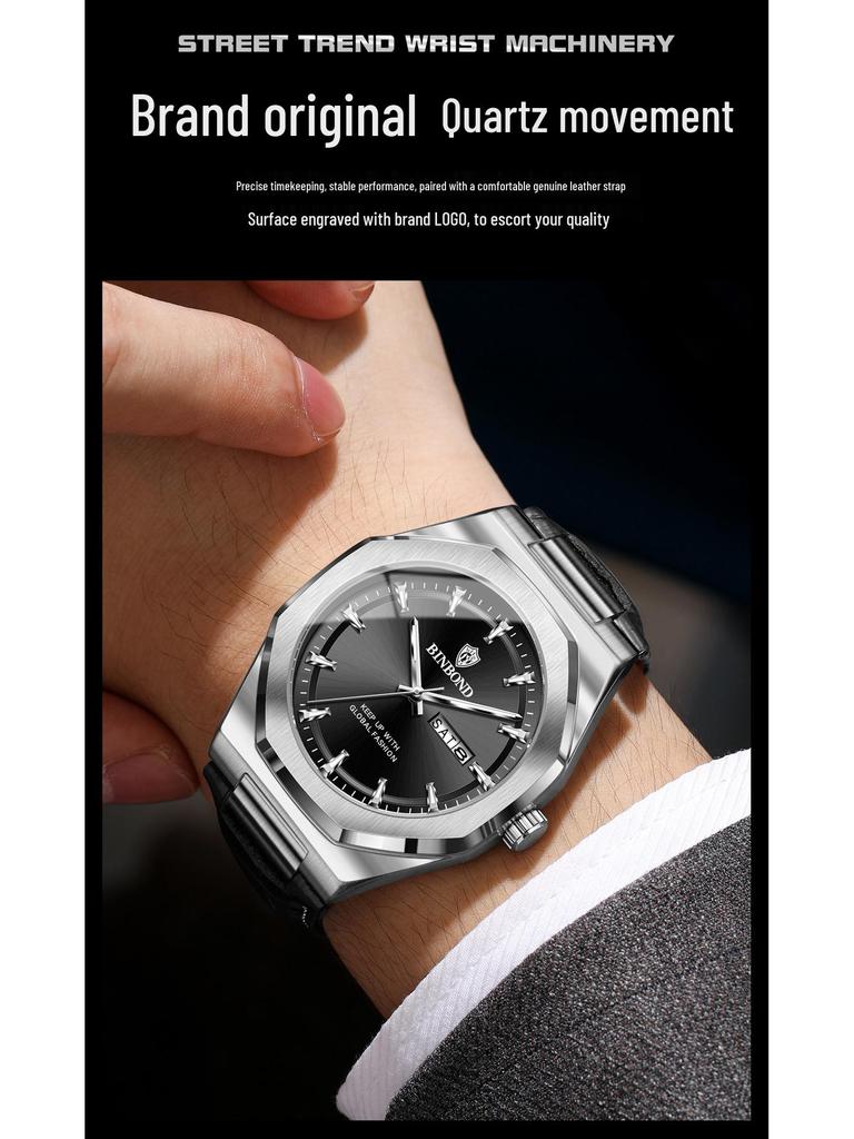 Binbang Men's Luminous Waterproof Quartz Watch with Calendar - Trendy Korean Style
