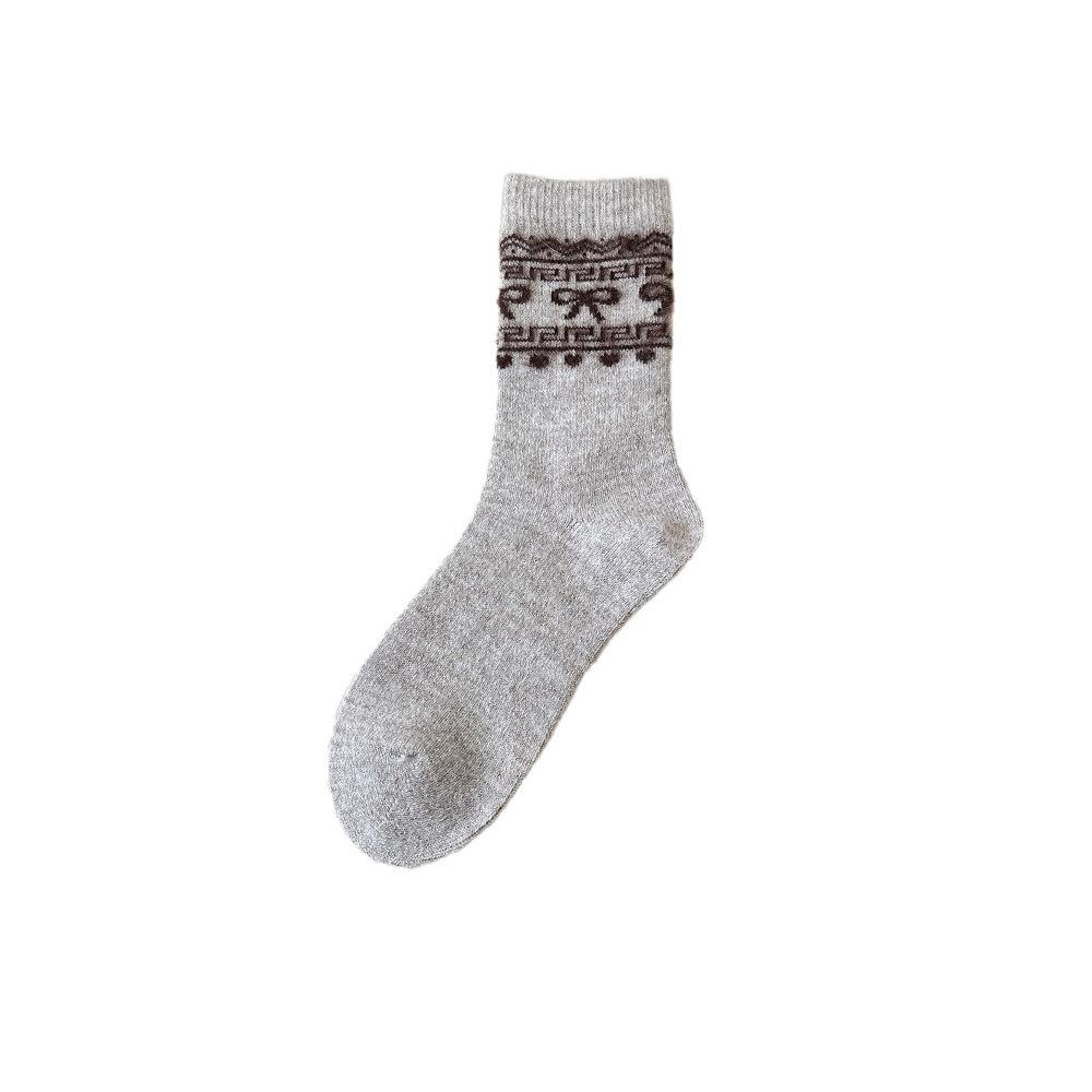 

Толстые и теплые шерстяные носки до середины икры для женщин на осень и зиму, с вышивкой в виде банта, универсальные махровые носки 1 pair света кофе