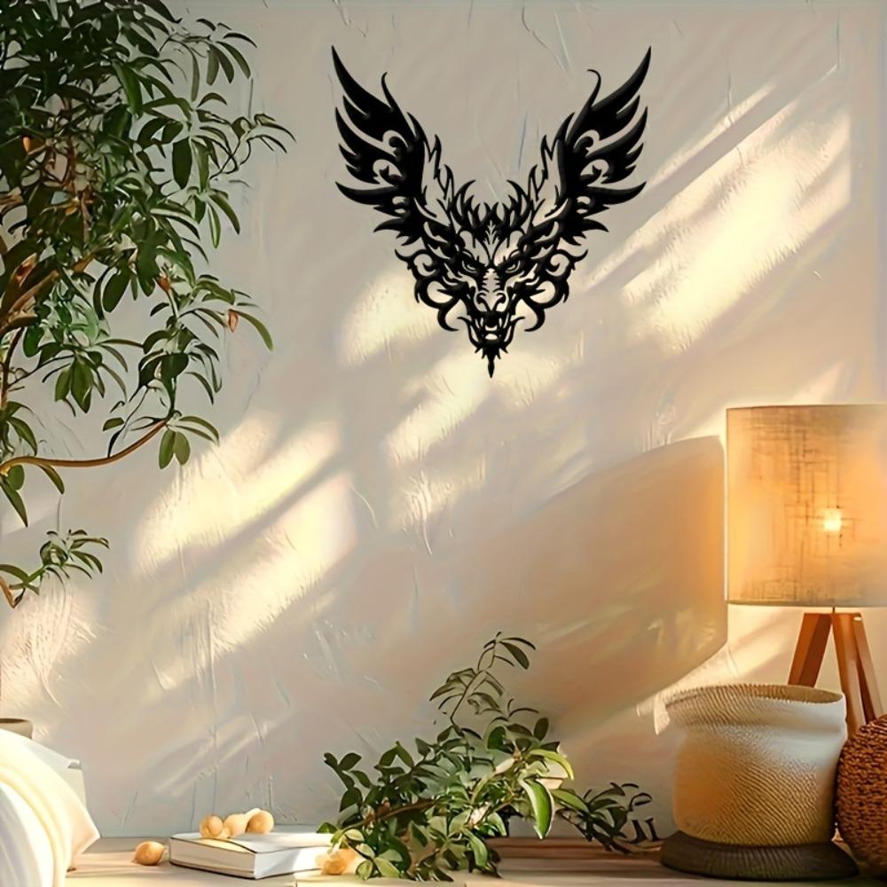 Metal Dragon Head Wall Sculpture Winged Handcrafted Iron Black Art for Outdoor Office Decor Asian Theme Gift Christmas Halloween Birthday