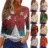 Women's Fashion Casual Christmas Print V-Neck Button Three-Quarter Sleeve T-Shirt Top