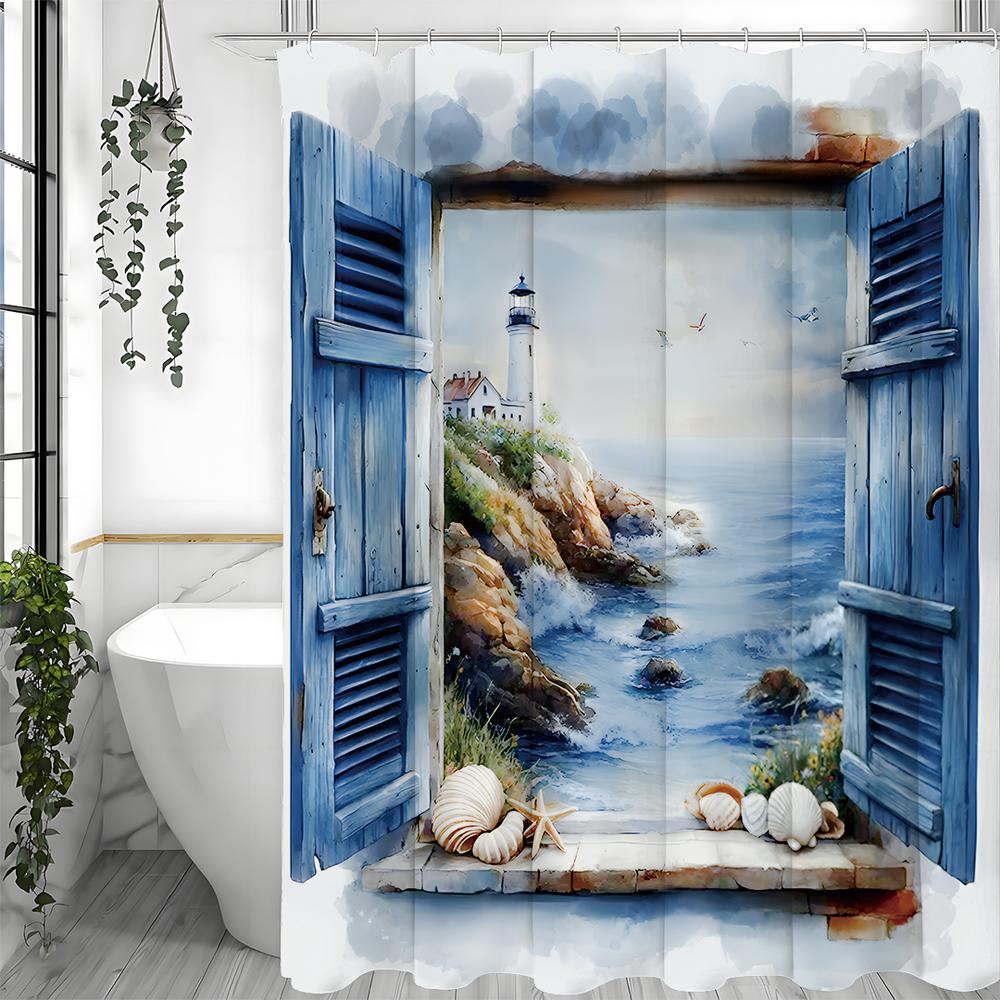 Watercolor Blue Window Ocean Mountain Lighthouse Shell Shower Curtain, Bathroom Decorative Shower Curtain, Waterproof Shower Cur