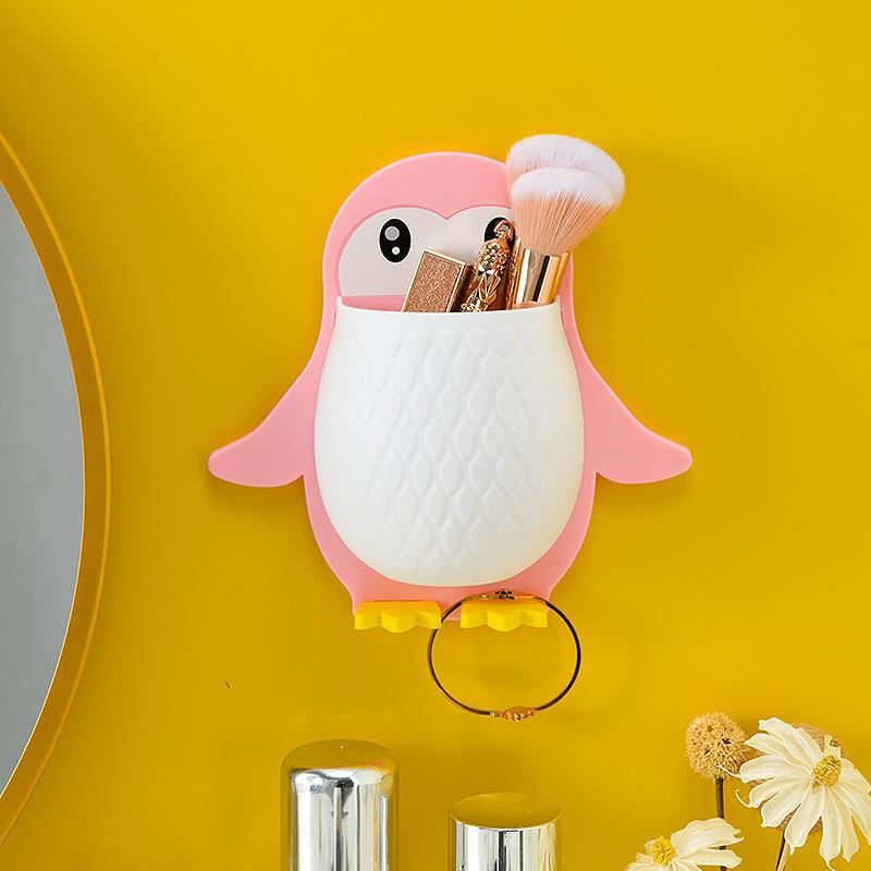 Penguin Wall Mounted Storage Shelf For Bathroom, No Drill Adhesive Plastic Organizer For Sink Counter, Cute Cartoon Multi Purpose Holder For Home