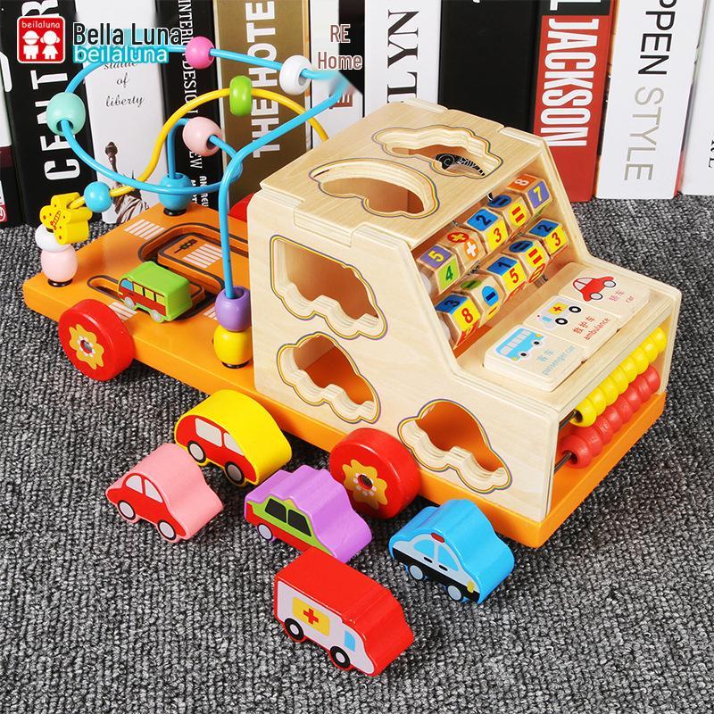 

Детский деревянный развивающий лабиринт с бусинами и машинка для распознавания форм с абаком и карточками